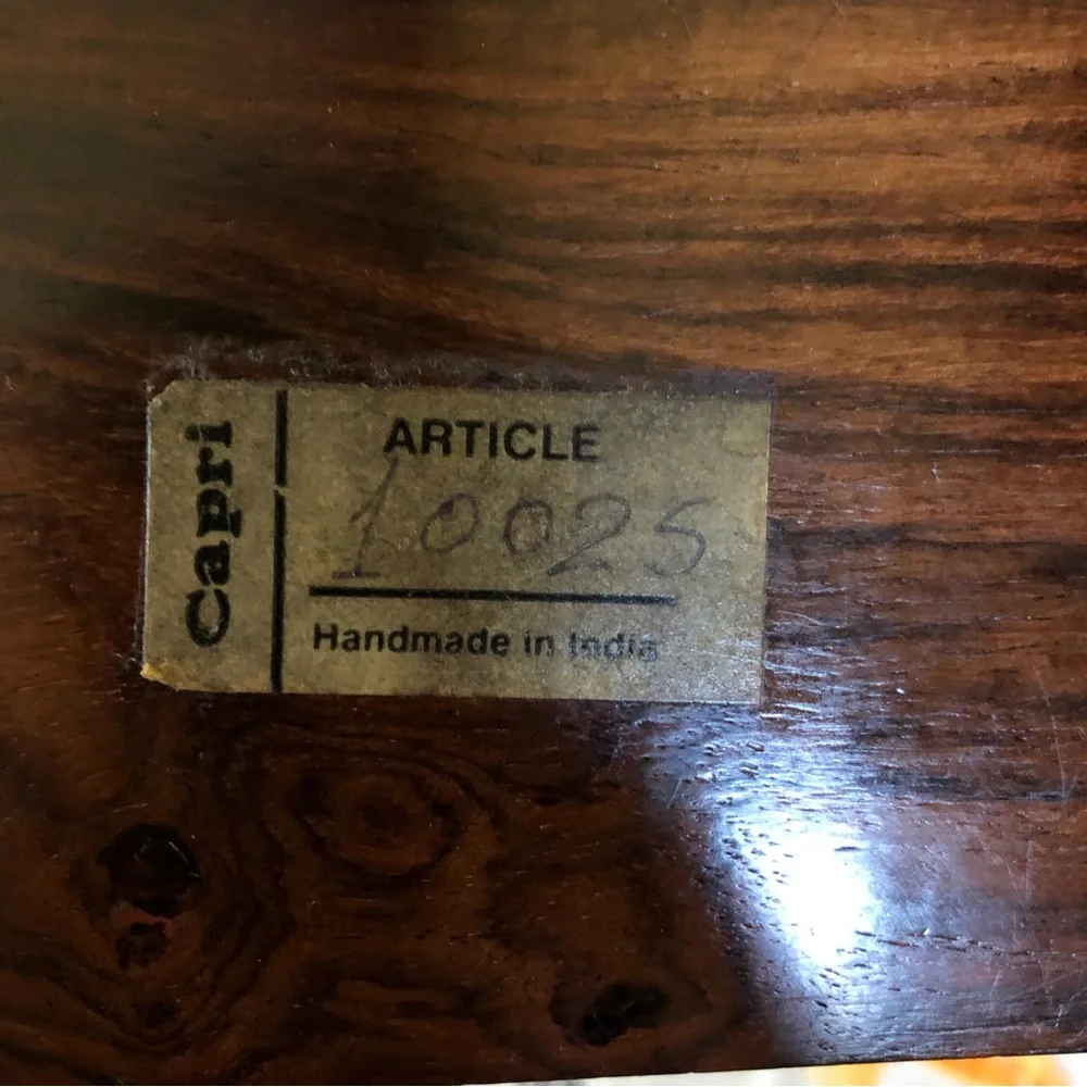 Vintage Rosewood Box with Set of Six Coasters. Brass Inlay and Floral Carving